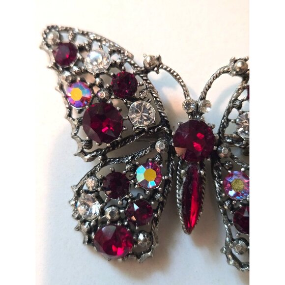 Vintage Weiss Rhinestone Butterfly Brooch Red & Clear Crystal Elegant Signed - Picture 9 of 10